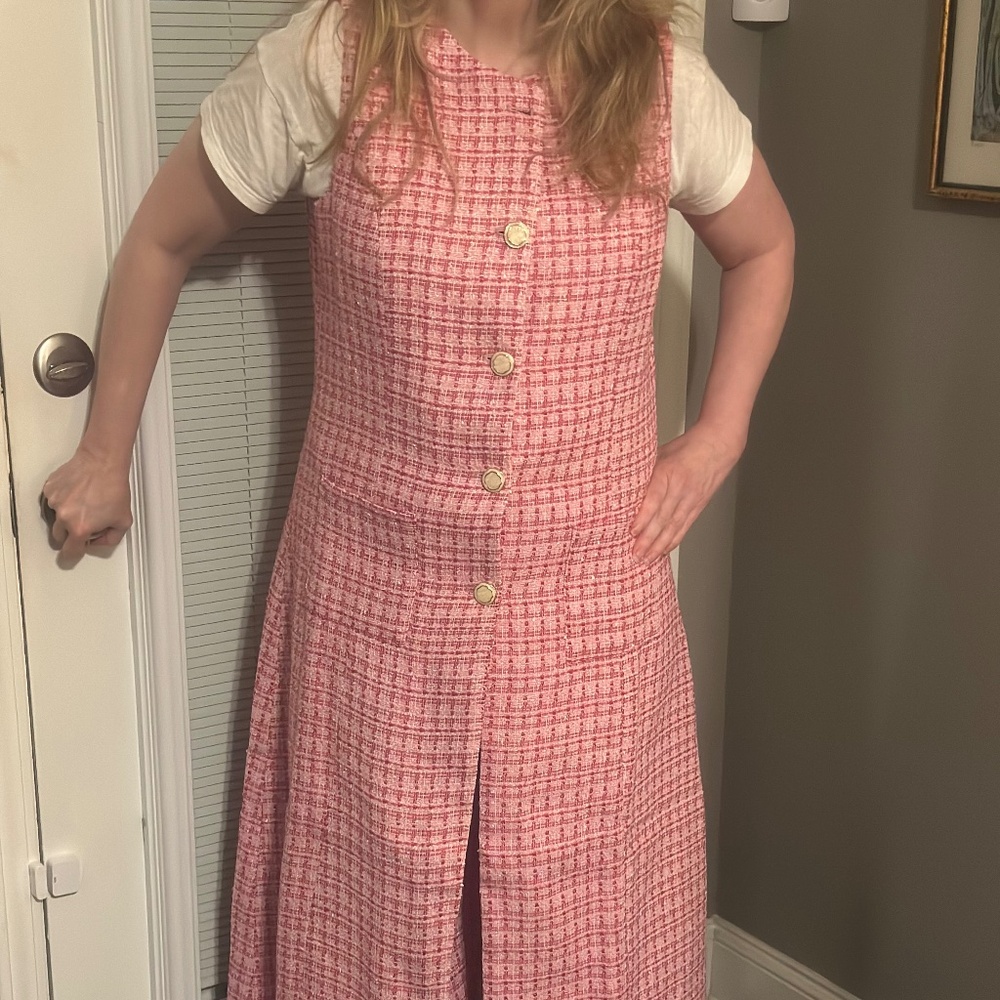 Pink Elegant Women's Tweed Long Sleeveless Cinched Waist Jacket & Pants Set